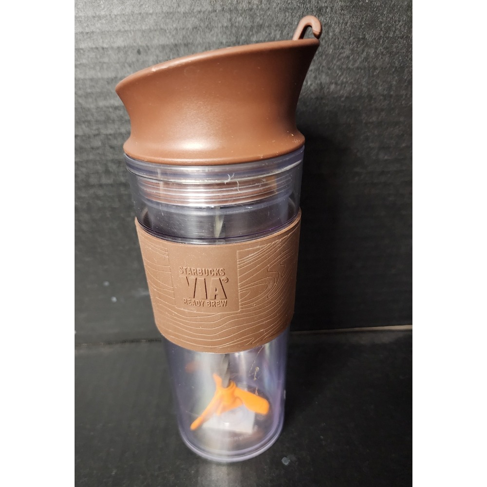 Starbucks VIA Ready Brew Tumbler Clear Brown Silicone Grip Built-in Stirrer Cup
